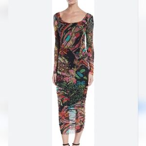 FUZZI by Jean Paul Gaultier Tropical Illusion Ruched Bodycon Midi Dress